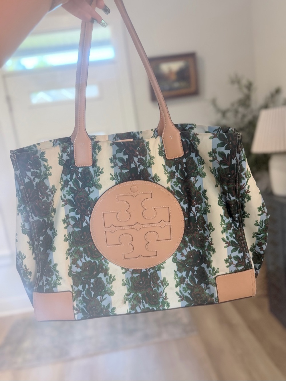 Discontinued Tory Burch Green Floral Canvas Tote with Tan Leather Trim